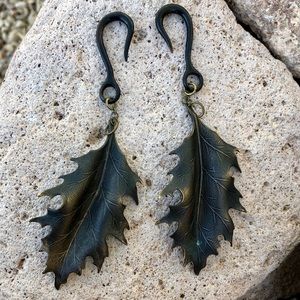 Brass leaf earrings for 6 to 4 gauge size.
